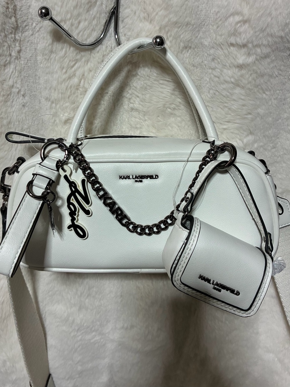 Karl Lagerfeld White Leatherette Crossbody Satchel with Chain and Charm